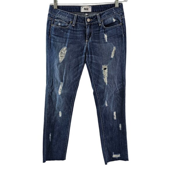 Paige Jimmy Jimmy Skinny Distressed Raw Cut-Off Hem Low Rise Blue Jeans Size 25 - Picture 1 of 16